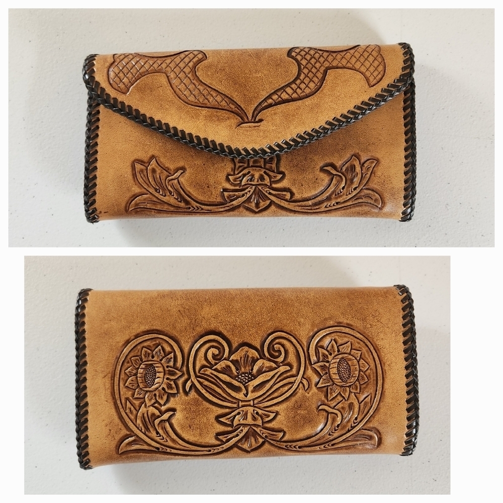 Vintage Tooled Brown Leather Billfold Wallet Womens Handmade 1970s Western Boho